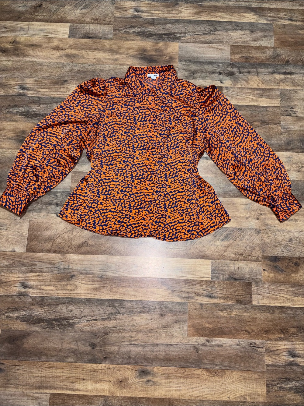 Fashion Nova Orange and Navy Animal-Print Puff Sleeve Blouse
